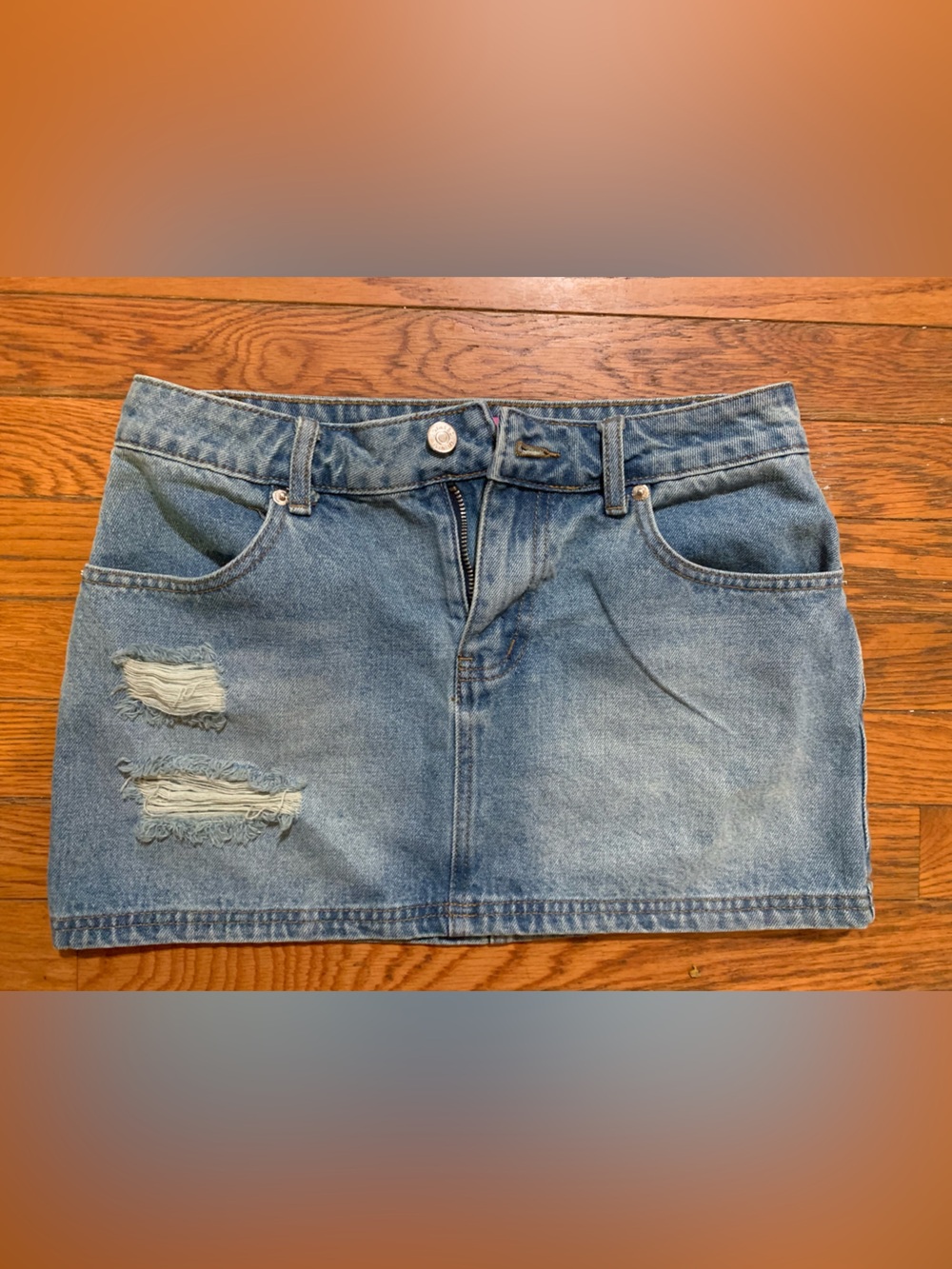 Edikted Distressed Light Blue Denim Mini Skirt